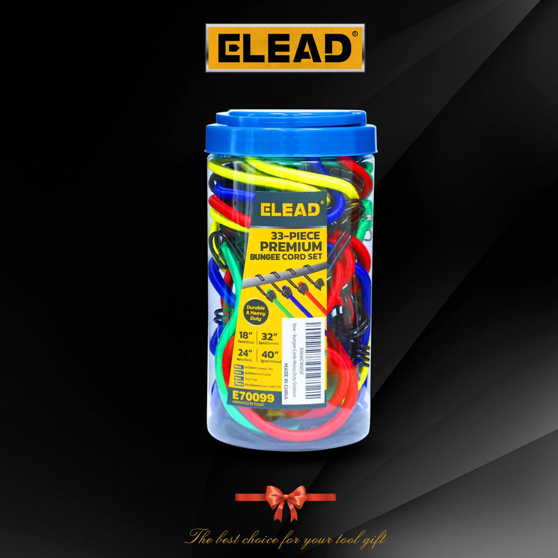 ELEAD 33 Piece Premium Bungee Cords Assortment Jar, Includes 10", 18", 24", 32", 40" Bungee Cord with Hooks, 6" Nylon Cable Ties, 8" Canopy Tarp Ball Ties and Tarp Clips