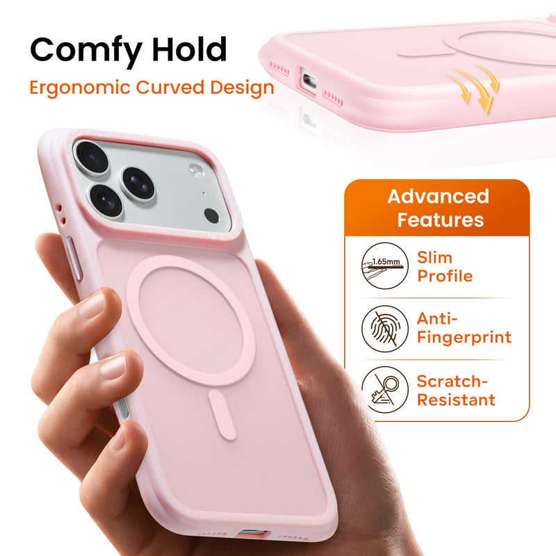 ORNARTO Magnetic for iPhone 17 Pro Case, Slim Matte Translucent, Chalk Pink | 20FT Drop Protection, Compatible with MagSafe, AirBuffer Corner Protection, Anti-Fingerprint Finish, Cute Protective Design
