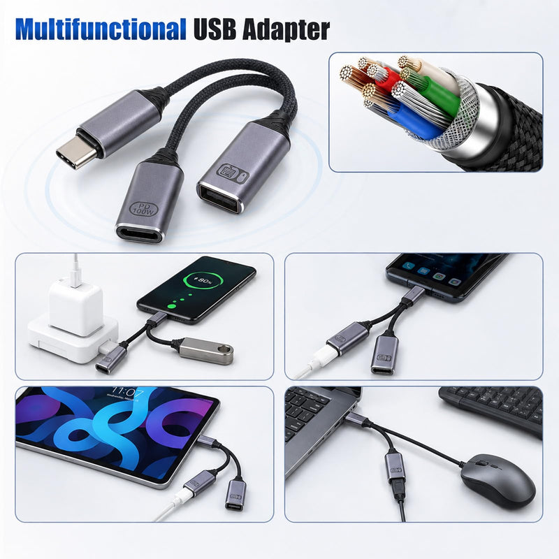 1 PCS USB C Splitter 1 in 2 Out, USB C OTG Adapter and Charger PD Charger Splitter Y Cable with 60W PD Fast Charging Compatible for Vehicles, Desktop PCS, Smartphones