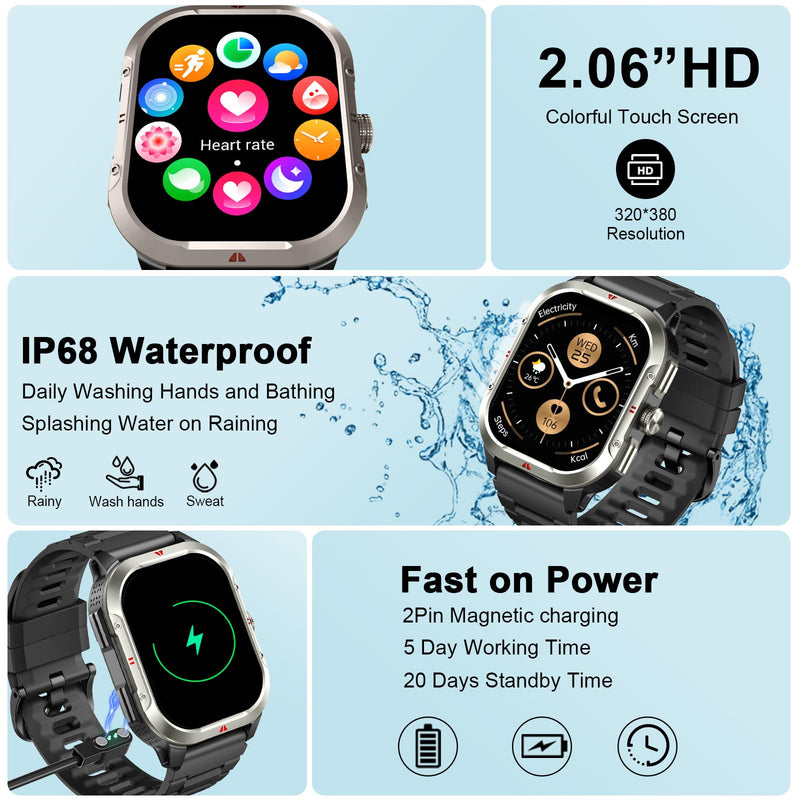 Smart Watch for Men Built-in GPS, 2.06" Military Fitness Tracker IP68 Waterproof, Fitness Watch with Heart Rate/Sleep, Smartwatch with Answer/Make Calls, 100+ Sport Modes for iPhone/Android, Black A-Black