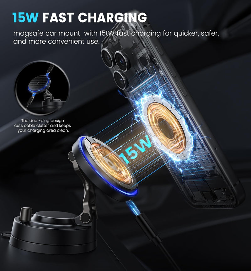 OANDYS 15W MagSafe Car Mount Charger for iPhone 12-17 Pro/Max/Plus/Air | 3200gf Magnetic Wireless Charger, 82LBS Suction Cup Dashboard Phone Holder, 360° Rotatable Magnetic Stand