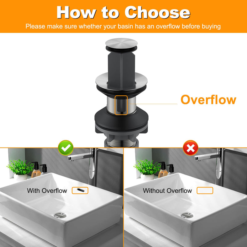 Pop-up Sink Drain Stopper with Lift Rod - Universal Bathroom Sink Drain Kit for Lavatory & Vanity Sink with Overflow, Fit Most US Drains (Brushed Nickel) Brushed Nickel