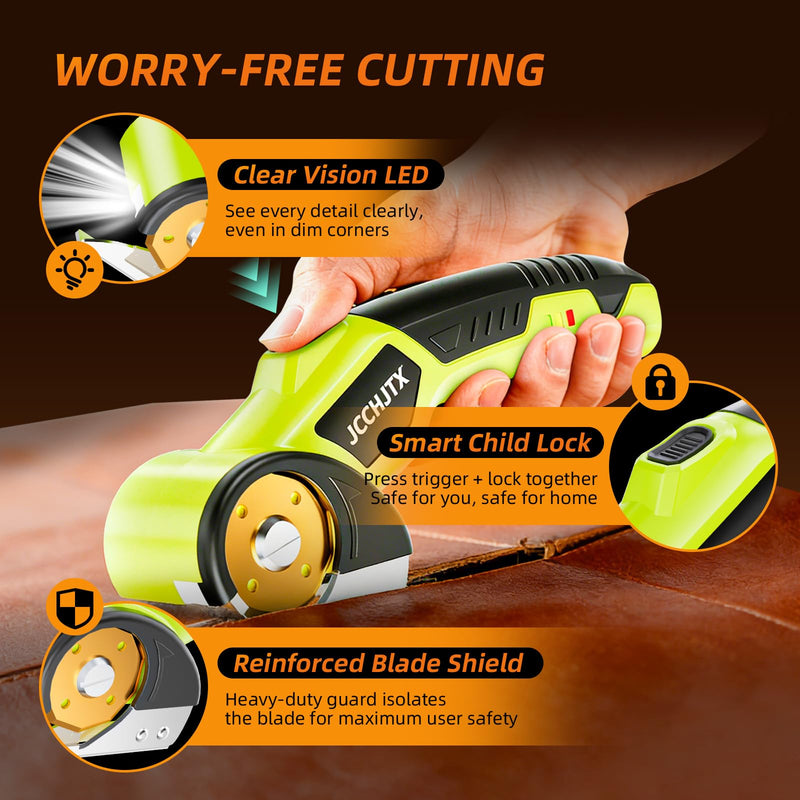 Cordless Electric Scissors, Cardboard Cutter with LED Light, 4V Rechargeable Electric Box Cutter, 2 SKS7 Blade, Suitable for Cloth, Cardboard, Leather, Plastic, Fabric (Green) Green