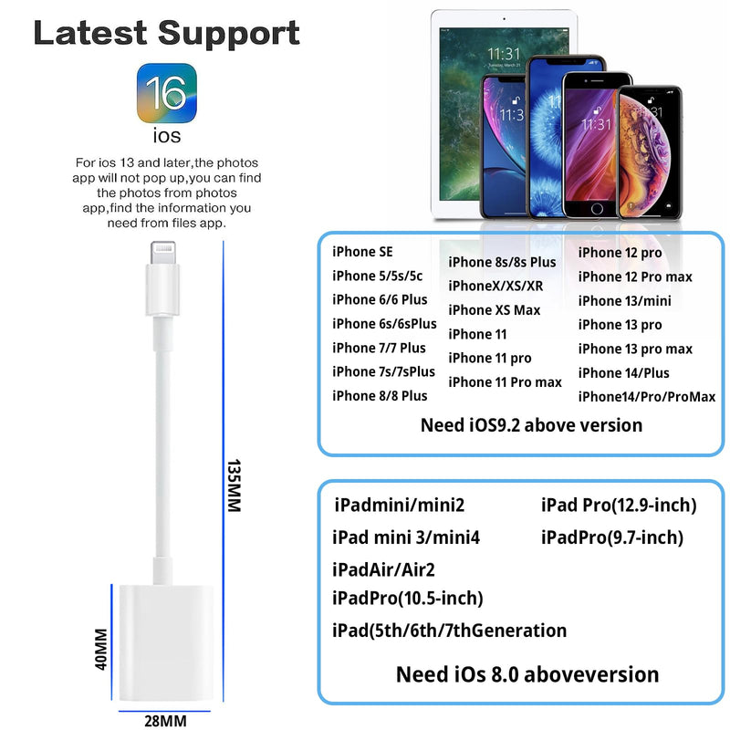 [Apple MFi Certified] Lightning to USB Camera Adapter with Charging Port, Portable USB 3.0 Female OTG Cable for iPad to Connect Card Reader USB Flash Drive, Compatible for iPhone iPad white