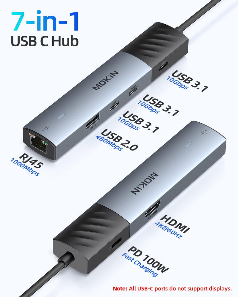 MOKiN 10Gbps USB C Hub Ethernet, 7 in 1 USB C Adapter for MacBook Pro/Air with 4K@60HZ HDMI, 3*USB-C 10Gbps Data, RJ45, USB 2.0, 100W PD, USB C Dongle for MacBook Pro/Air/Dell/HP/Thinkpad/Lenovo. Gray