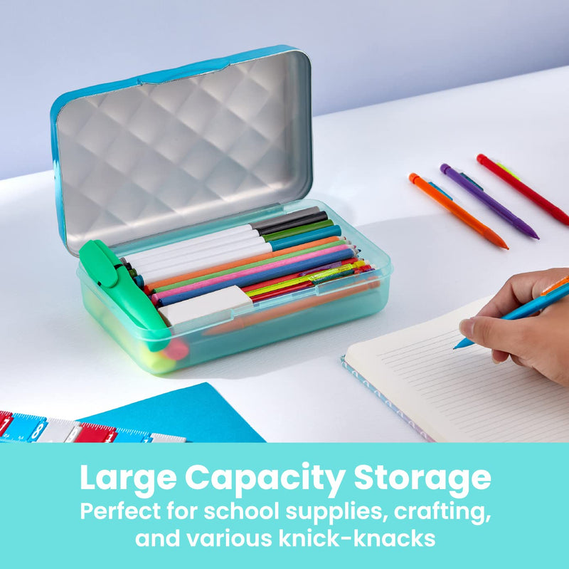 It's Academic Metallic pencil Case Box, Hard Plastic, Stylish Quited-Pattern Lid, Blue