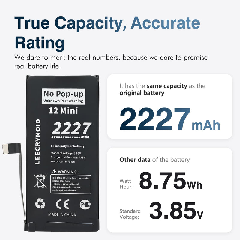 No Pop-up ‘Unknown Part’ Warning for iPhone 12 Mini Diagnostic Battery, Truthfully Rated 2227mAh Battery Replacement for iPhone 12 Mini with Full Tool Kit
