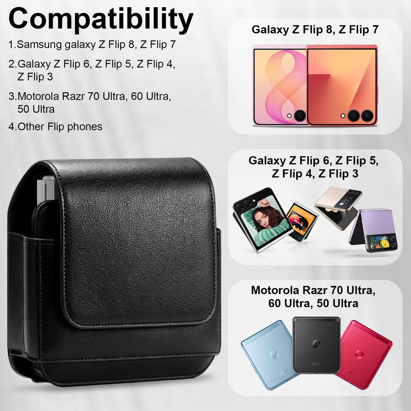 Phone Holster for Samsung Galaxy Z Flip 8 Z Flip 7 Z Flip6 Flip5/4/3, Flip Phone Specific Protective Leather Holster for Motorola RAZR 2025/2024 Case, Cellphone Belt Clip Holster Pouch(Matte Black) Small Matte Black