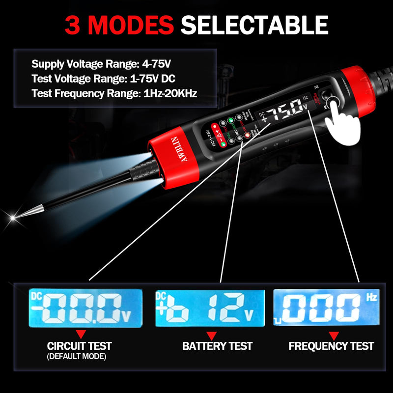 Automotive Test Light & Battery Alternator Tester, 1-75V DC LCD Digital Circuit Tester with Illumination, Heavy Duty Light Tester with Voltmeter, Fuse Voltage Tester Auto Electrical Tool