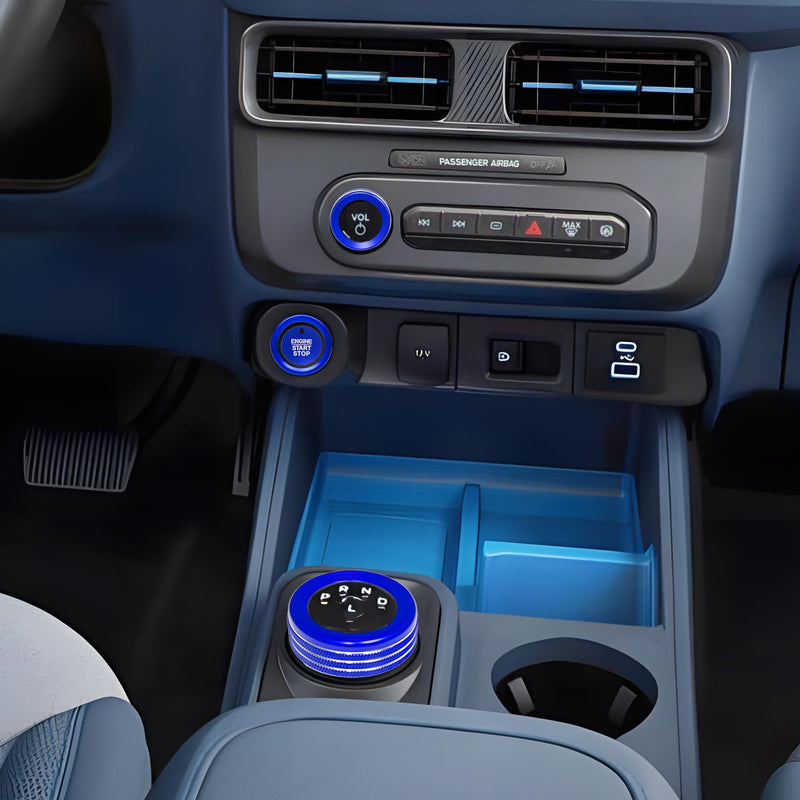 for Ford Maverick 2025 Accessories Interior Decor Gear Shift 4WD Engine Start Stop Headlight Volume Radio Control Switch Center Consoles Knob Cover 5Pcs Aluminum Alloy (Blue, 2025-Up) Blue