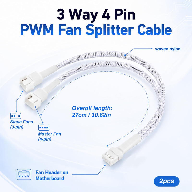 2 Pack 1 to 2 Ways 4-Pin PWM Fan Extension Splitter Cable 11 Inches PC Fan Splitter 4P Male to Female Connector for PC Chassis Channel Fans Motherboard Computer Case (White)
