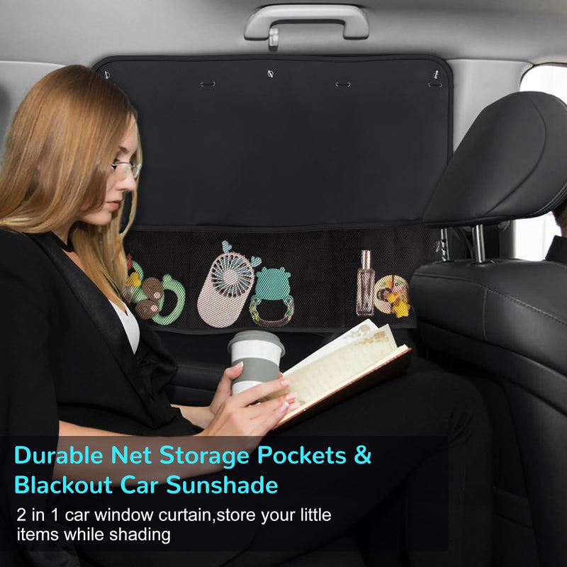 Car Sun Shade Side Window, 2 Pcs Blackout Car Window Shade for Baby Privacy with Storage Net Pockets Car Curtains 7 Suction Cups for Heat/UV Protection Sun Block Covers Black-2pcs