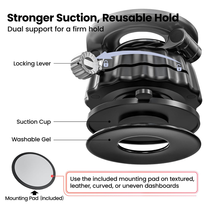 Strong Suction Cup Magnetic Car Phone Holder for iPhone & Android Phones, Shock-Resistant Phone Mount for Dashboard Windshield, 360° Rotation, Heavy-Duty, Foldable, Hands-Free, Ideal for Navigation Black