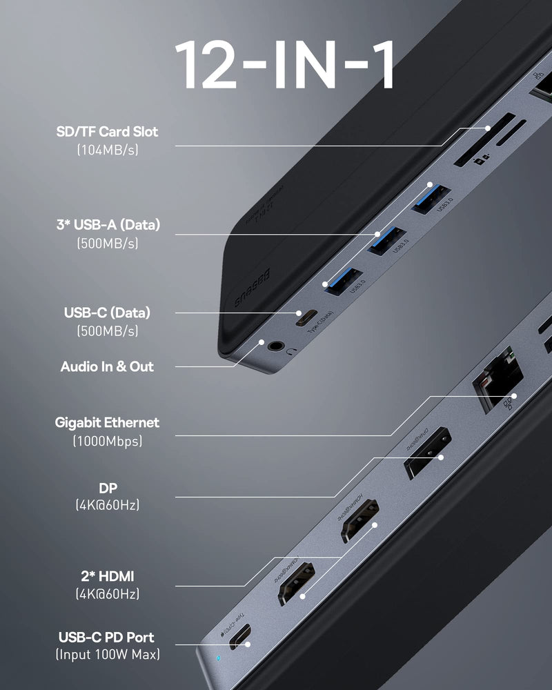 Baseus Laptop Docking Station, 4K Multitasking Docking Station with 2 HDMI+DP, PD, 3 USB-A, RJ45, Audio, TF/SD Card Reader, USB Hub Compatible for MacBook/Dell/HP/Surface/Lenovo