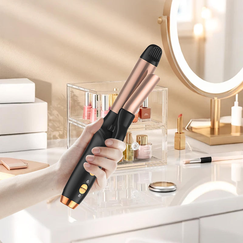 [AUSTRALIA] - Curling Tong, 25mm Cordless Hair Curler for Natural Waves and Curls, Ceramic Cordless Curling Wand with 3 Gear Temperature, Travel Mini Curlers 4000 mAh with USB Cable Storage Bag, Rose & Black