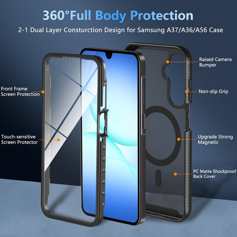 Hensinple for Samsung Galaxy A17/ A16 5G Phone Case, Built-in Screen Protector, Compatible with MagSafe, Military Grade Drop Protection Shockproof Translucent Matte Cover for Galaxy A17/A16/A26, Black | Compatible with MagSafe, Military Grade Drop Prot...
