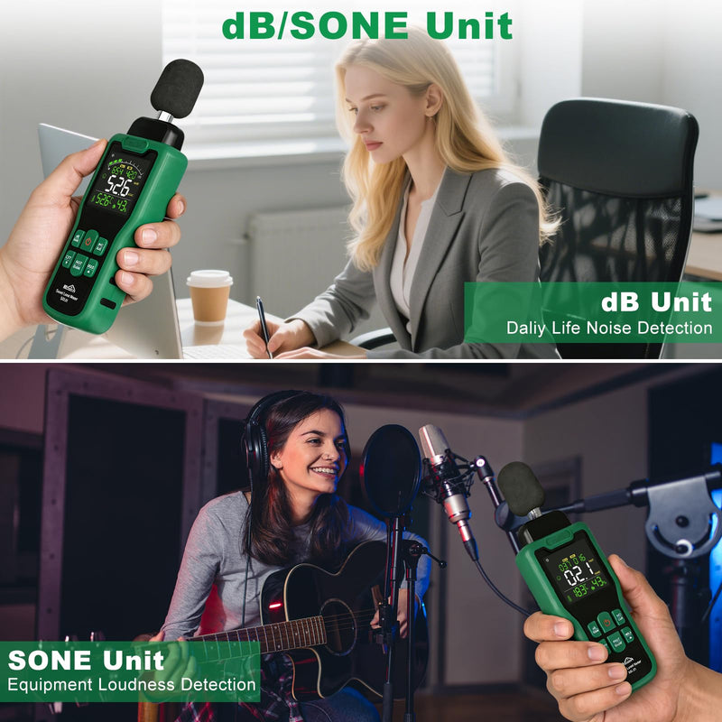 Decibel Meter, SQECH 30-130dB Sound Level Meter with Temperature & Humidity, SPL Meter with Color Backlit Display, A/C Weighted, dB/SONE Unit, FAST/SLOW Response, MAX/MIN, Data Hold, for Home/Factory