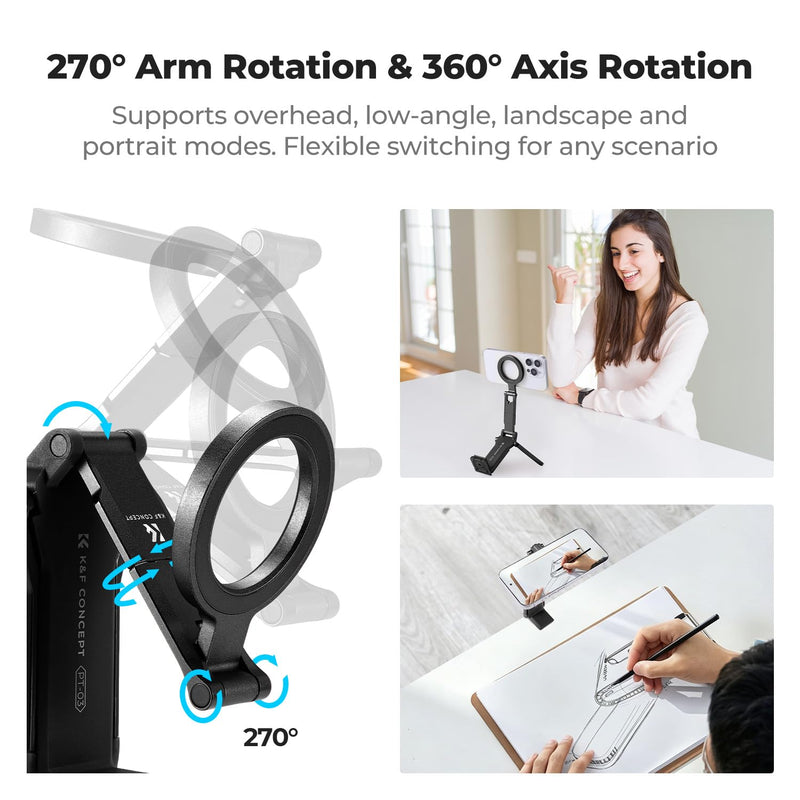 K&F CONCEPT 360° Rotating Magnetic Phone Tripod | 4-in-1Magnetic Tripod Compatible with iPhone 17/16/15/14 Pro Max, Back Magnet Base Fits Vlog, Gym, Travel Accessories, PT03 Black