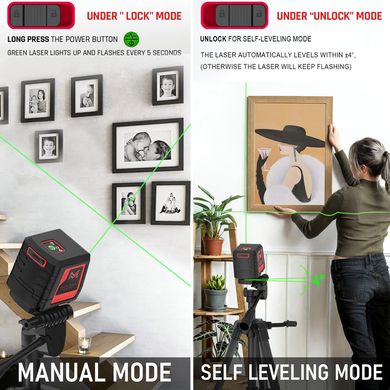 Motovera Self Leveling Laser Level 100ft, Green Cross Line with Tripod, 4 Brightness Modes & Pulse Function, Manual & Self-Leveling Modes, IP54 Waterproof for Picture Hanging, Tile, DIY Construction LL-T2