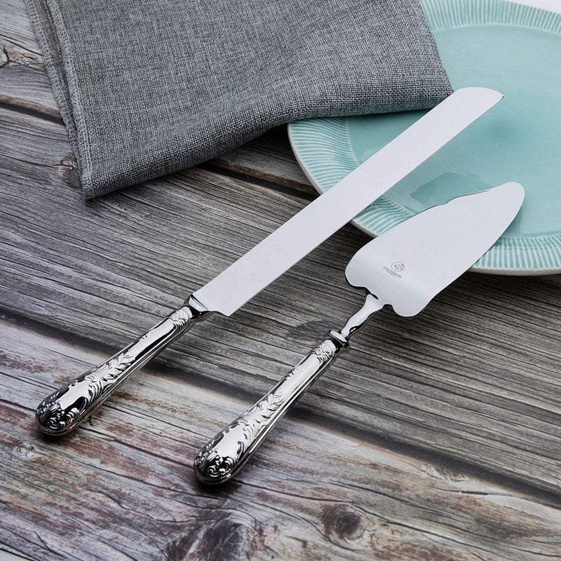 2 Piece Wedding Cake Server Set,18/10 Stainless Steel Dessert Set Pie Server Cake Cutter Knife for Birthday,Anniversary,Holiday,Baby Shower,Party (Versailles, Stainless steel-V) Versailles