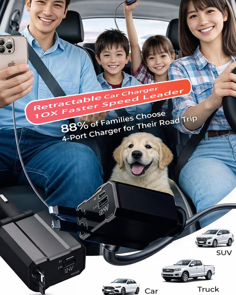 Retractable Car Charger, 4 in 1 Fast Car Charging USB C | Road Trip Essentials, Travel Essentials, Compatible with iPhone 16 15 14 13 12, Compatible with Samsung