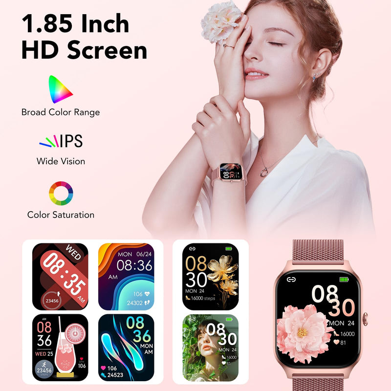 CASCHO Smart Watch for Women (2 Bands), Bluetooth Call Smartwatch with AI Voice,1.85" HD Fitness Watch,Heart Rate/SpO2/Steps/Sleep Monitor,120+ Sports Modes,IP68 Waterproof Watch for Android iOS-Rose Rose Gold