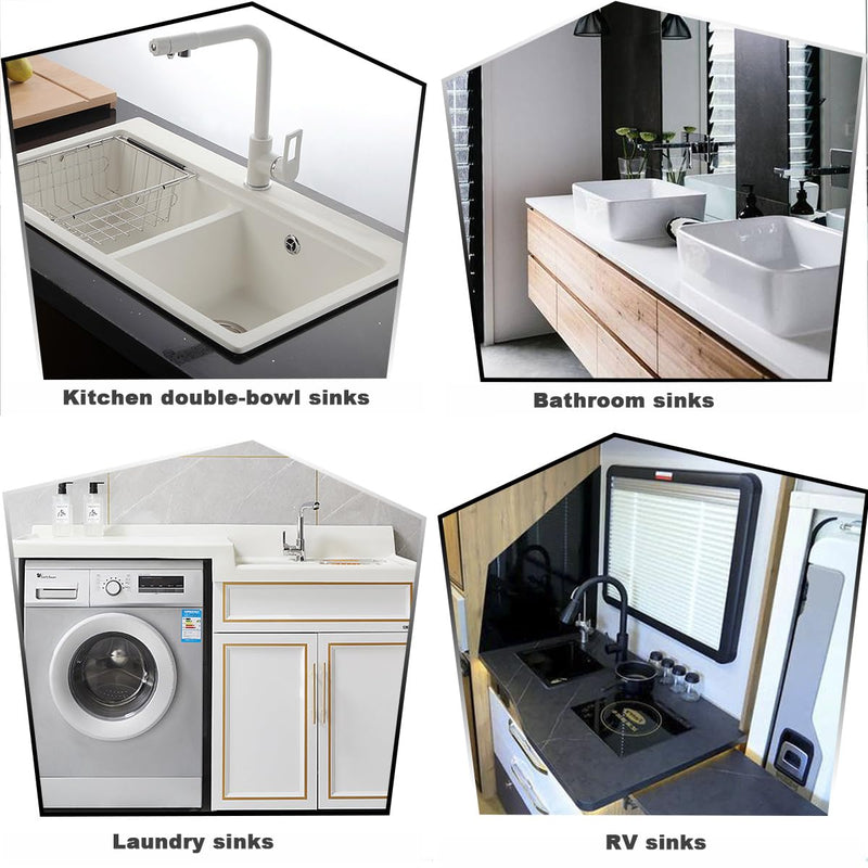 Flexible Expandable Double P-Trap Kit for 1 1/2" or 1 1/4" Double Bowl Sink Drain, Tube Pipes Kit Fit for Kitchen, Bathroom, Complete with Sealing Ring, Tape, and Tubing