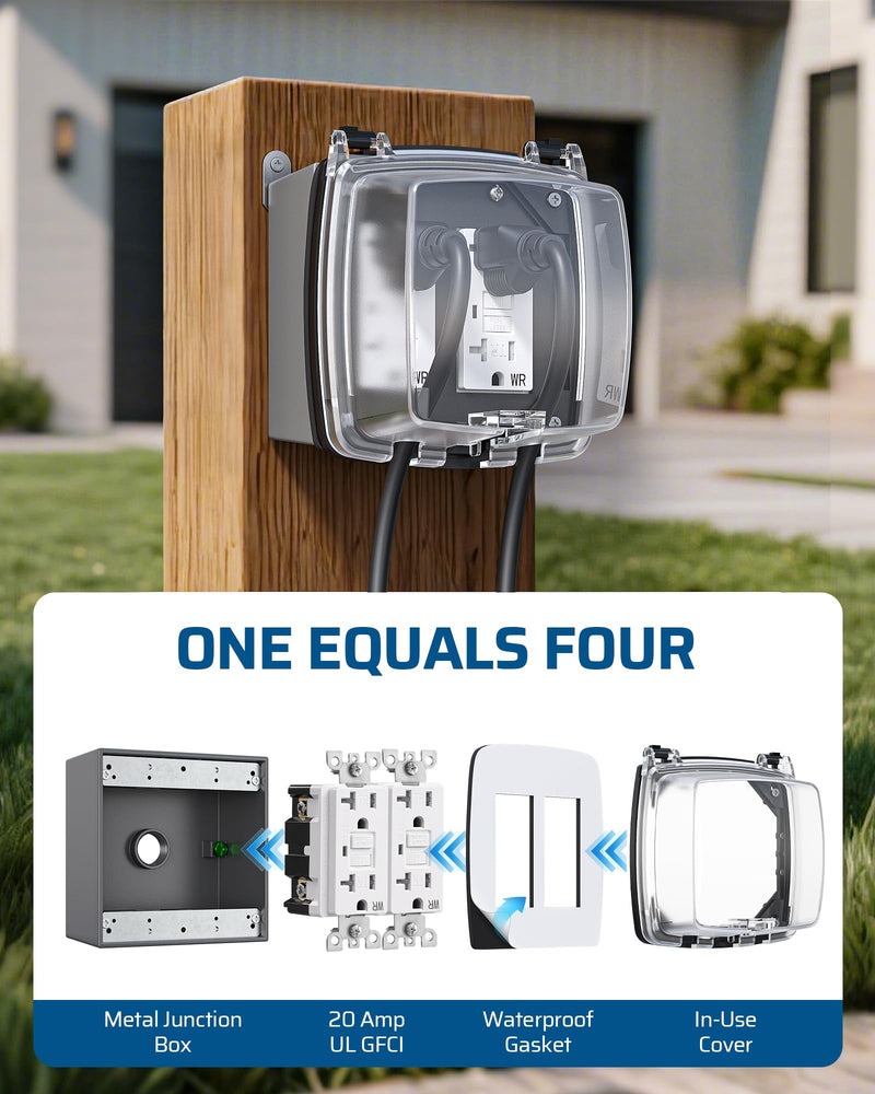 DEWENWILS 20A Outdoor Outlet, Heavy Duty GFCI Outlet Kit with Self Test, WR/TR, NEMA 5-20R Outdoor Electrical Box for Garden, Yard, Sports Field, White Dual 20A