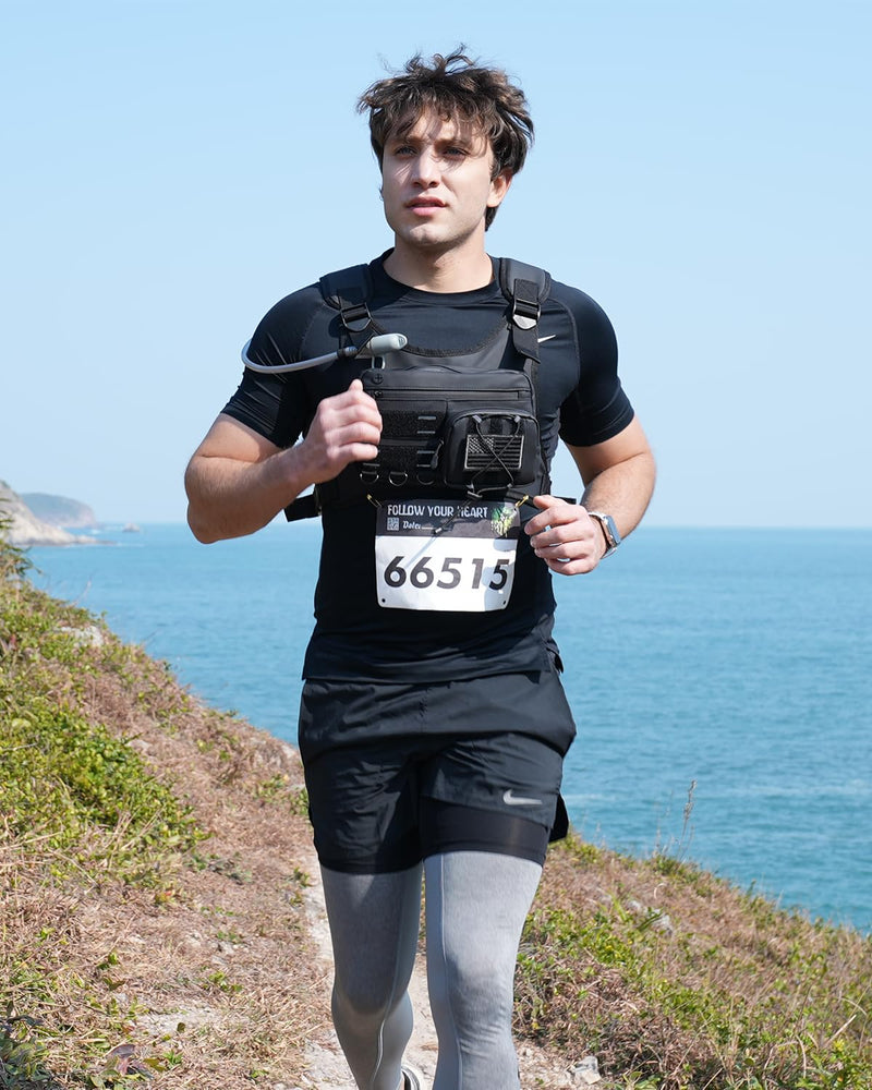 Running Vest with 2L Water Bladder, USA Original Patent, Lightweight Adjustable Chest Pack with Gear Holder, Reflective Running Hydration Vest for Women Men for Marathon Black Medium-Large