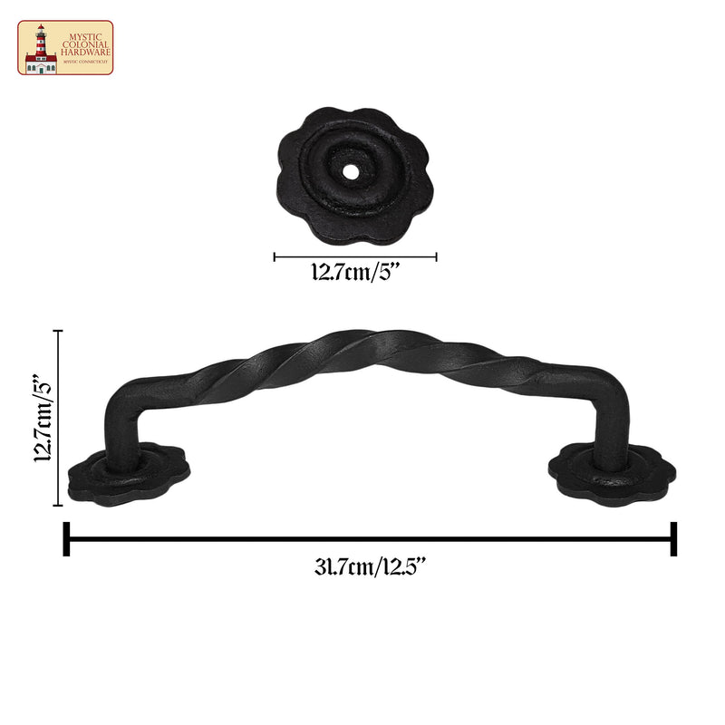 Mystic Colonial Cast Iron Twisted Barn Door Handle – 12 Inch Heavy Duty Black Pull for Gates, Cabinets & Sheds – Vintage Rustic Hardware 12.75 Inch Cast Iron Pull Handle