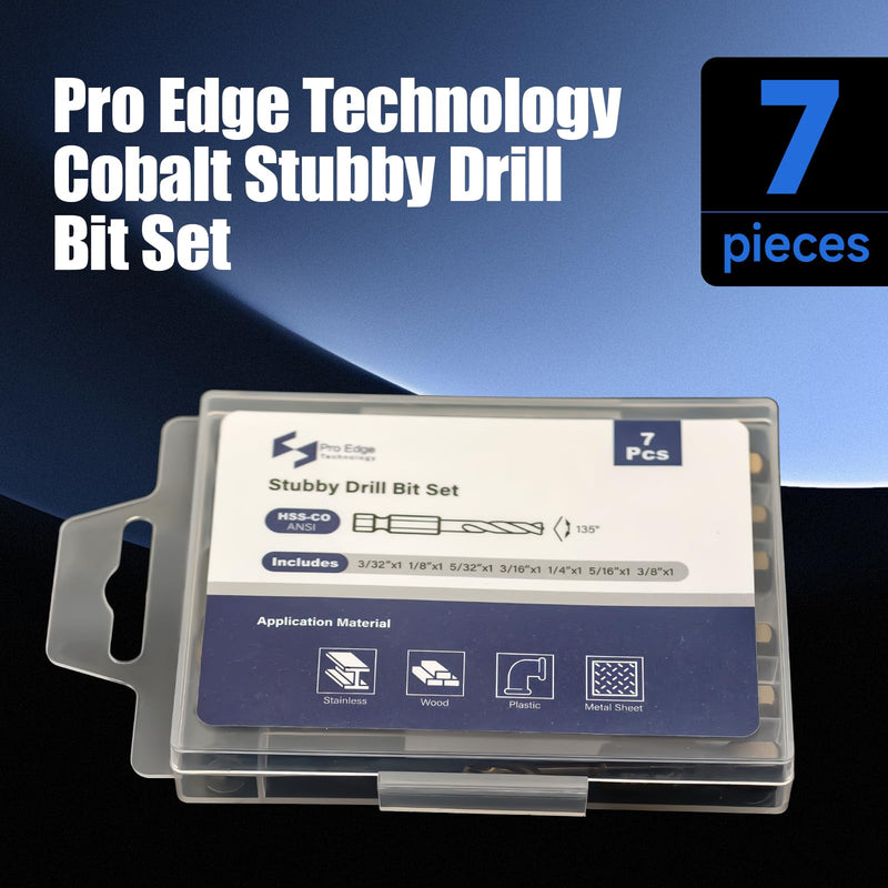 Pro Edge 7pcs Cobalt Stubby Drill Bit Set, M35 HSS Short Drill Bits for Hard Metal Stainless Steel Wood Plastic 1/4" Quick Change Hex Shank with Storage Case (3/32"-3/8")