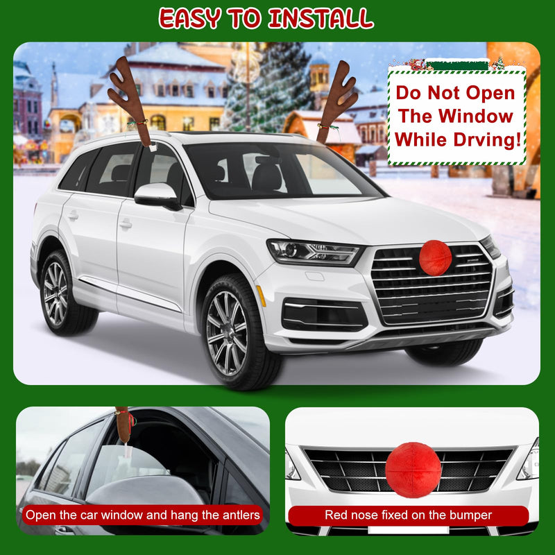 Reindeer Car Decoration for Christmas with Nose, 4PCS Window Sticker, Antlers for Car Reindeer Window Roof-Top & Front Grille, Auto Holiday Decoration Reindeer Ears for Car SUV Van Truck 15.5 inches