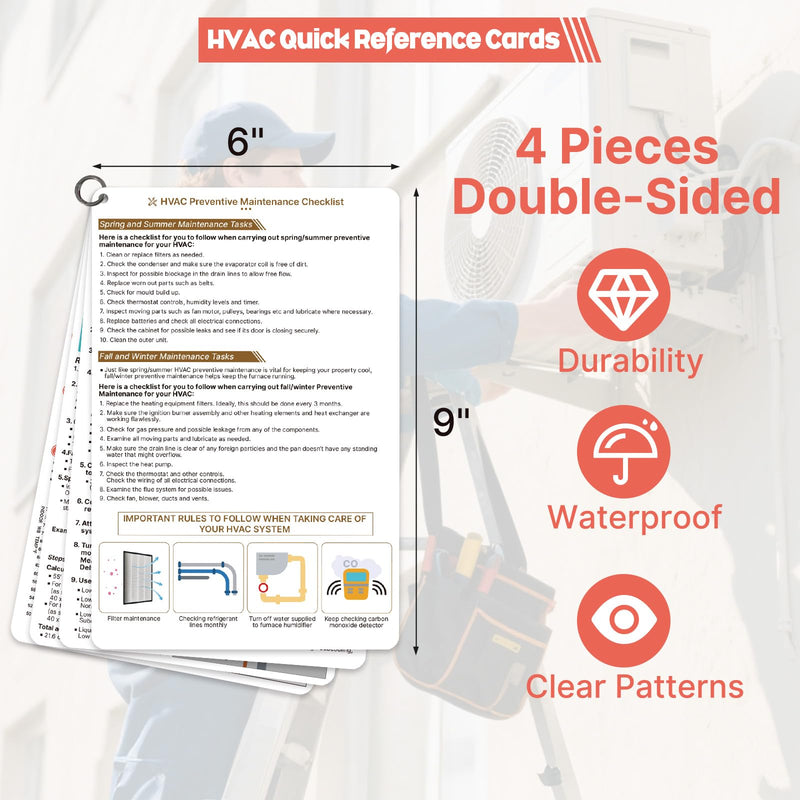 HVAC Quick Reference Cards, Refrigerant Charging and Troubleshooting Tech Guide for Air Conditioners & Heat Pumps, Portable HVAC Tools Card, 4 Pieces, Double-Sided, with a Ring, 9" x 6"