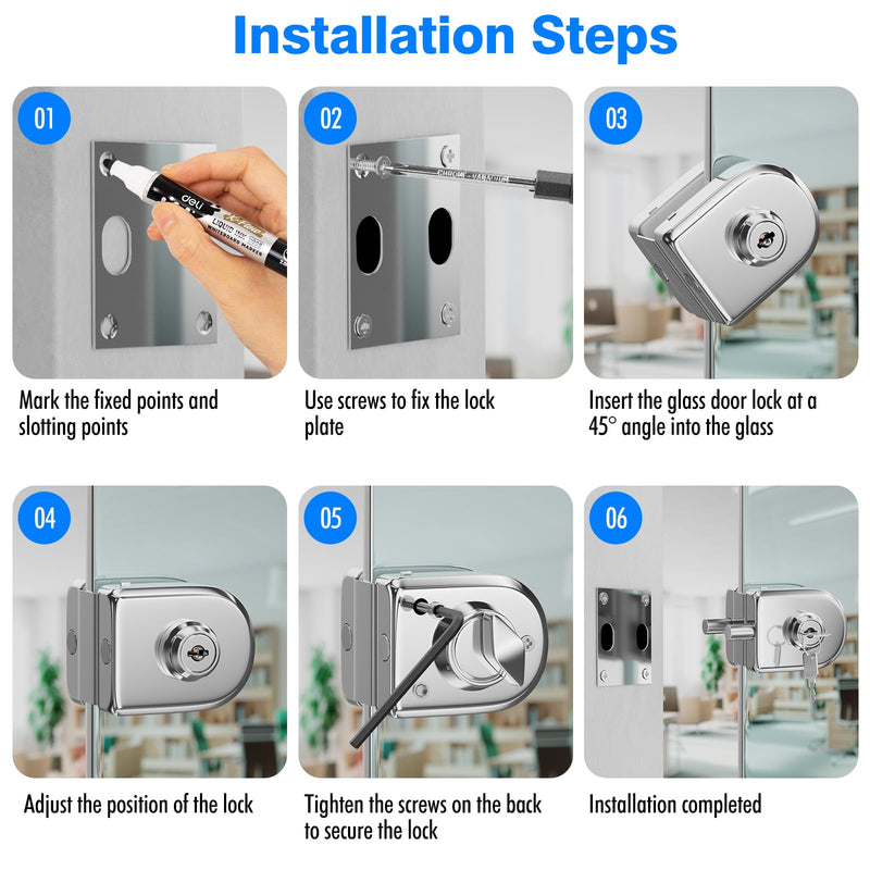 Ranbo Swinging Glass Door Latch Lock No Drilling 304 Stainless Steel Gound Bolt Lock for 3/8-1/2 Inch(10mm-12mm) Exterior and Interior Frameless Sliding Glass Door with 2 Keys, Polished Chrome LE-30A-Polished