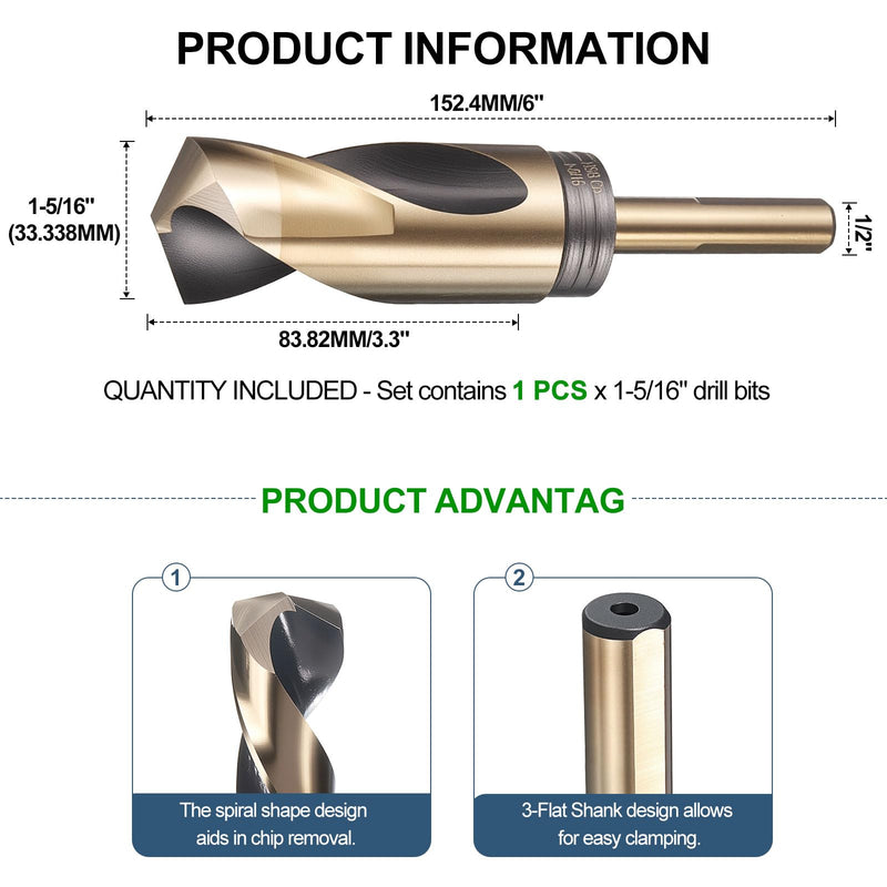 METALLIXITY Drill Bit (1-5/16"), 1/2" Reduced Shank 3-Flat M35 5% Cobalt HSS 135° Point Angle for Stainless Steel DIY Projects Tool Black and Gold 1-5/16" (33.338mm) 1/2"