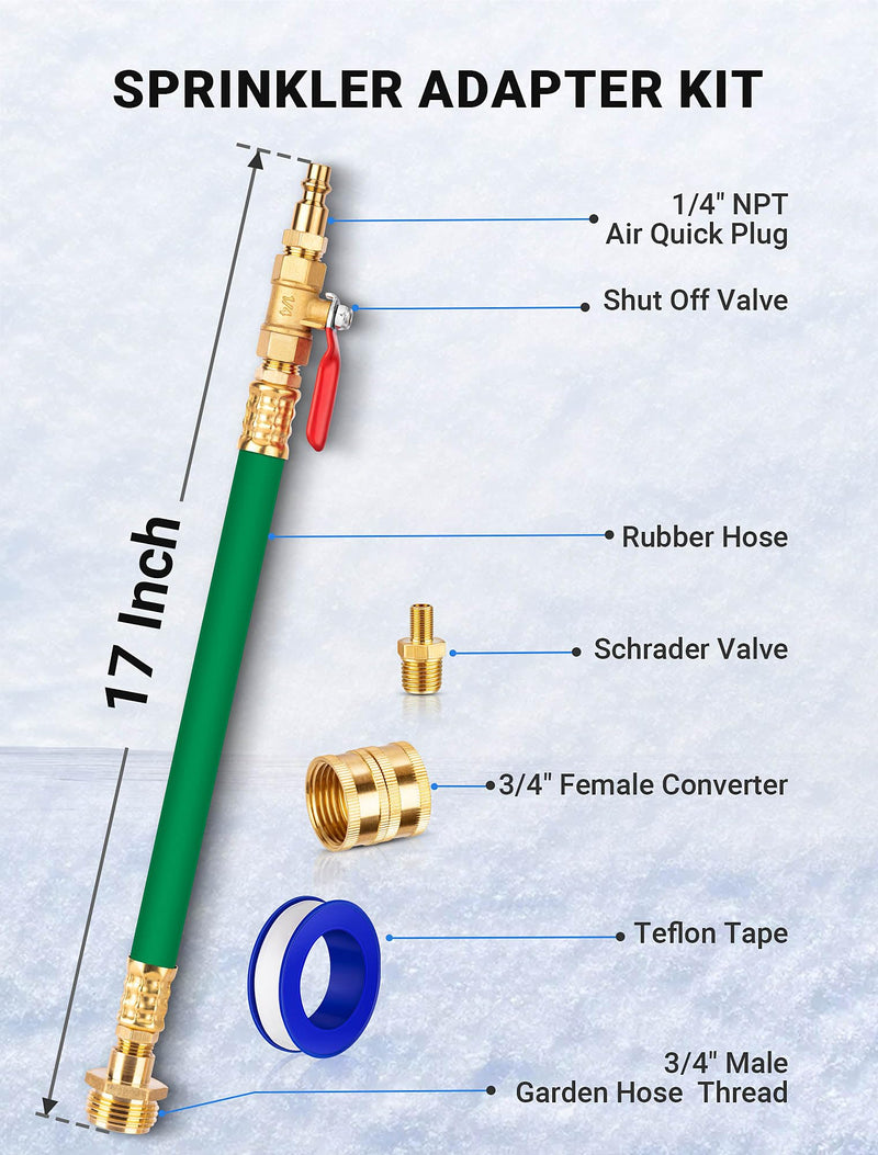 Brass RV Winterizing Kit with Schrader Valve Blow Out Plug, 17 Inch Garden Hose with 3/4" GHT Adaptor & 1/4" NPT Quick Connect Plug, Sprinkler Blowout Adapter for Camper, Travel Trailer