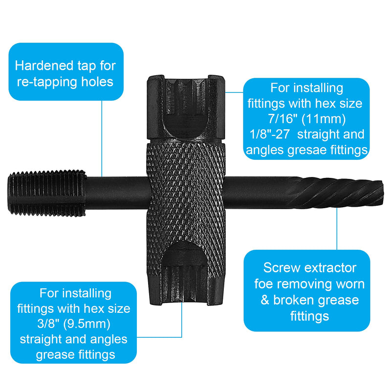 NOVINO Grease Zerk Tool,4 Way Zerk Grease Fittings Removal Tool Fit 1/4"-28 SAE,1/8"-NPT,M10x1 M8x1 and Hex Size 3/8" 5/16" 7/16" for Remove Install Rethread Damaged Fitting Black