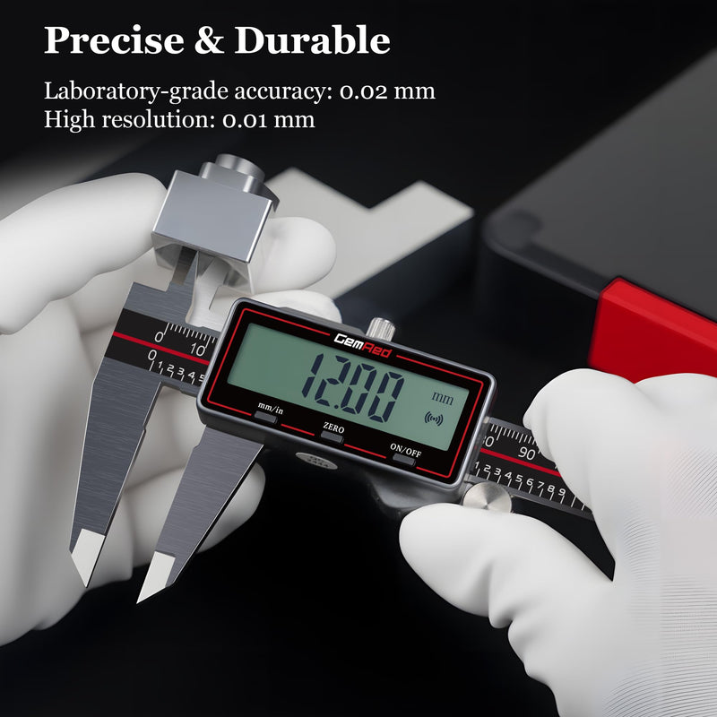 GemRed Wireless Digital Caliper 0-6 Inch/150mm with Data Transfer to Excel/Phone/PC, Stainless Steel Caliper Measuring Tool with Auto-Off, Large LCD Inch/MM for DIY/Household/3D-printing 6 Inch