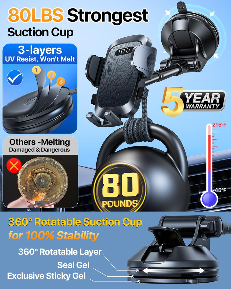 [2025 True Military-Grade] Car Phone Holder [Upgraded Strongest Suction & Clip] Cell Phone Mount for Dashboard Windshield Vent,Truck Cradle Stand for iPhone 16 Pro Max Samsung Android (Black) Black