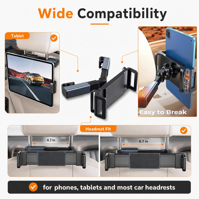 Car Headrest Tablet Holder Universal | For Backseat Entertainment, 360 Rotating Mount with Metal Hooks, Fits 4.7-11 Inch Tablets and Phones, No Tools Needed