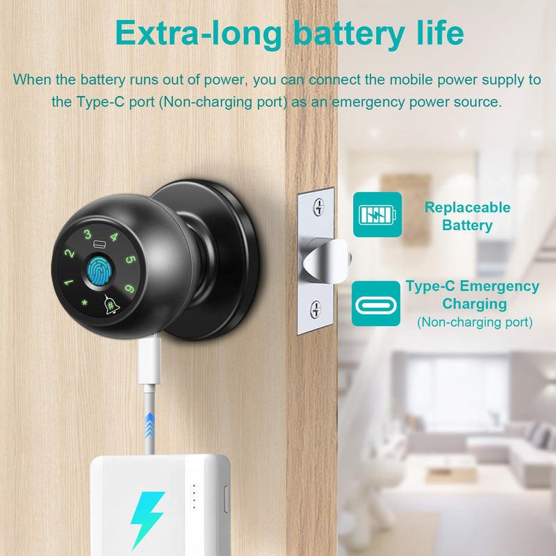 Kuelor Smart Lock Fingerprint Door Lock, 5-in-1 Keyless Entry Door Handle with Keypad & Doorbell, Touch/Code/Card/Key/App Control for Home Office Airbnb A-Black