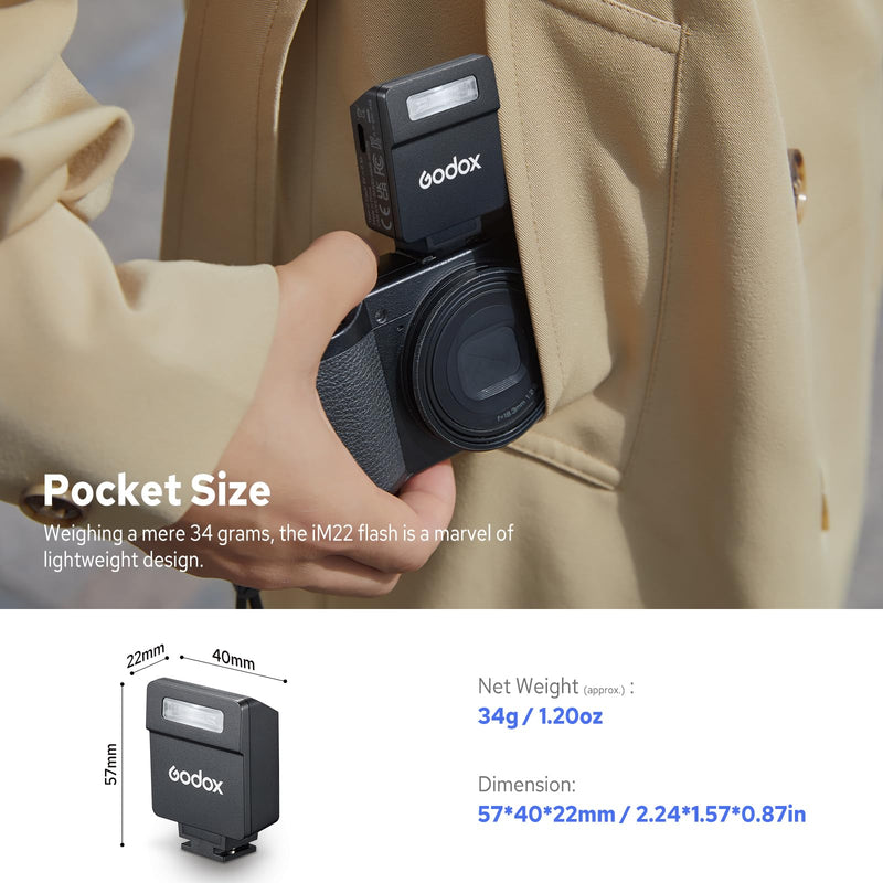 Godox iM22 Camera Flash, Mini Flash for Camera, 440 Full Power Flashes, Built in Lithium Battery, 5 Power Levels, Single Contact Hot Shoe, Compatible for Canon Sony Fuji Nikon Panasonic Olympus