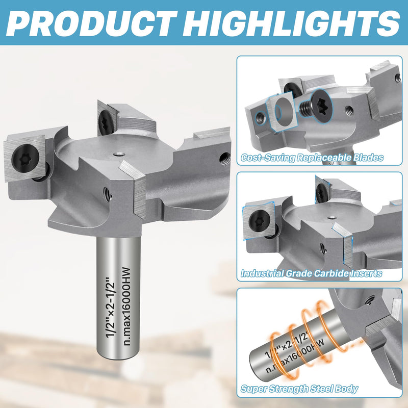 KEENTECH 1/2" Shank 2-1/2" CNC Spoilboard Surfacing Router Bit – Industrial-Grade Carbide Tipped, 4-Wing Replaceable Inserts, Slab Flattening Bit for Woodworking, Planing & Bottom Cleaning 1/2" Shank-2-1/2" Dia (4 Inserts)