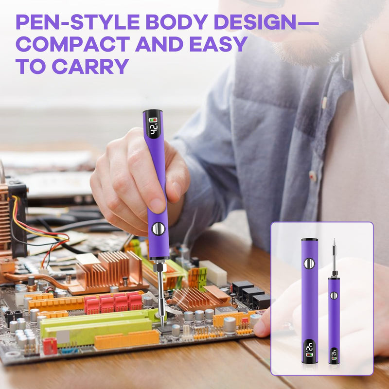 510 Thread Battery Cart Pen, W/Welding Pen Portable Electric Soldering Iron Kit, Adjustable Voltage USB Rechargeable, with 650mAh Battery for Home Appliance Electronics Repair Purple