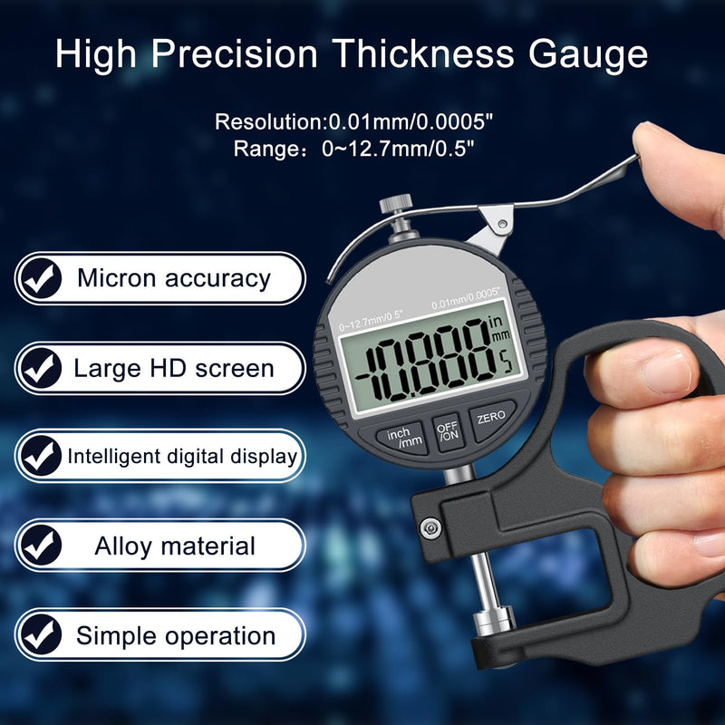 Digital Thickness Gauge 0-12.7mm/0.5" | 0.01mm/0.0005", Thickness Meter Precise Electronic Micrometer with LCD Display, Suitable for Paper/Film/Leather/Wire Thickness Gauge-Black