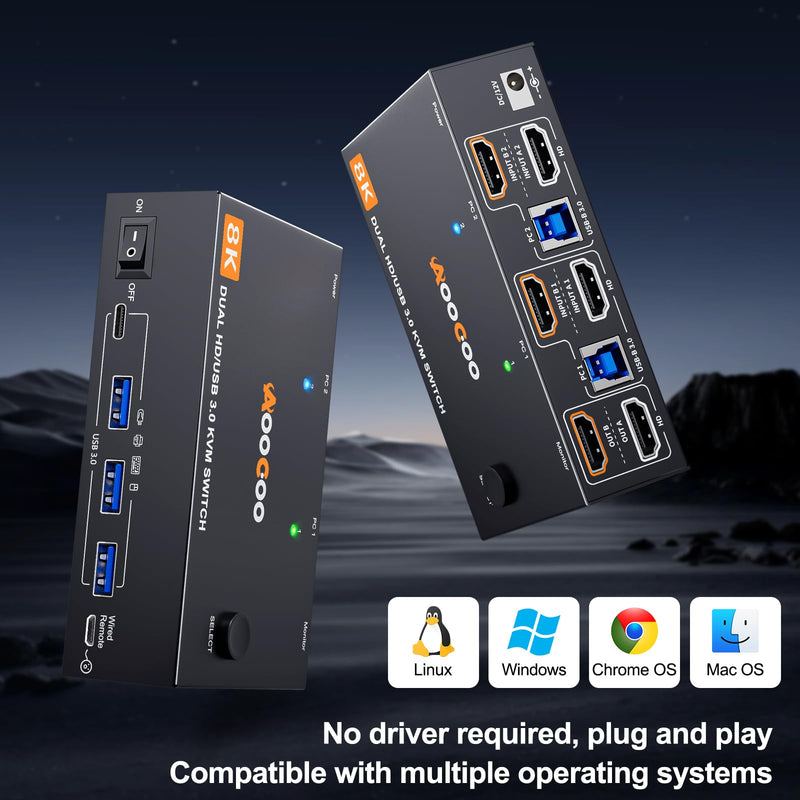 KVM Switch 2 Monitors 2 Computers 8K@60Hz/4K120Hz,HDMI USB3.0 Dual Monitors KVM Switches with 4 USB 3.0 Port,Wired Remote,USB3.0 Cables Included(8K 2 PC 2 Monitor KVM) 8K 2 PC 2 Monitor KVM