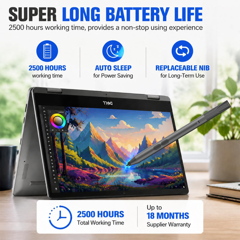 Active Pen for Dell 2-in-1 Touchscreen Laptop, MPP Stylus, Palm Rejection | 1024 Pressure Level, Palm Rejection, Dual Shortcut Buttons, 2500-Hour Battery for Inspiron 5379/7586, Latitude 3190/3390/7230 Black