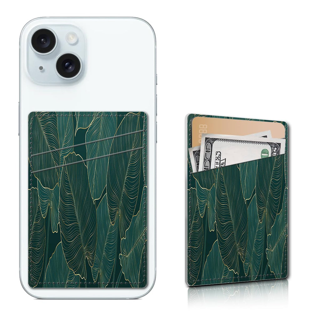 Card Holder for Phone Case, Leather Cell Phone Wallet, Wallet Sleeve Dual Pocket Stick-on ID Credit Card for Most Phones, Green Leaf