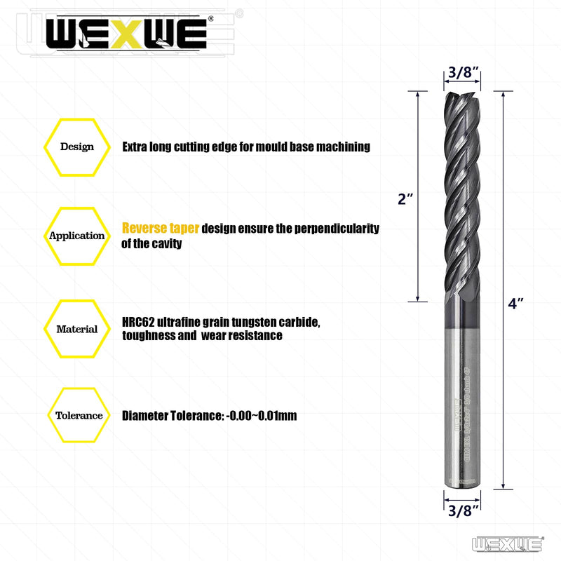 Tools Extra Long Carbide Square End Mill for Cutting Alloy Steels,Cast Iron, Hardened Steel - 4 Flute Milling Cutter 3/8 Shank (3/8-4" 1PCS) EXL 3/8-4"1PCS 1