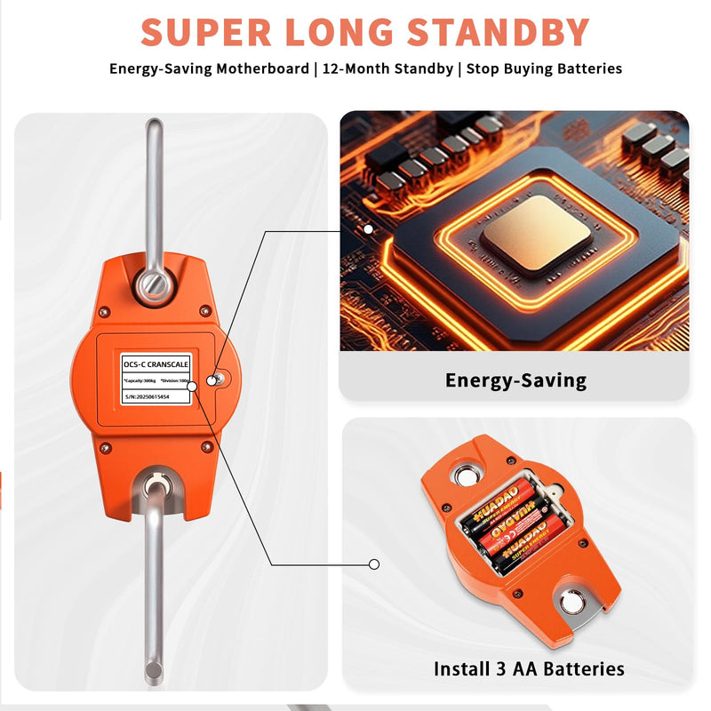 Hanging Scale 660lb/300kg - High-Accuracy Crane Scale with Aluminum Frame and LCD Display. Functions as Fishing Scale and Luggage Scale. for Farm, Hunting, Fitness, and Travel Weighing 300kg/0.1lb